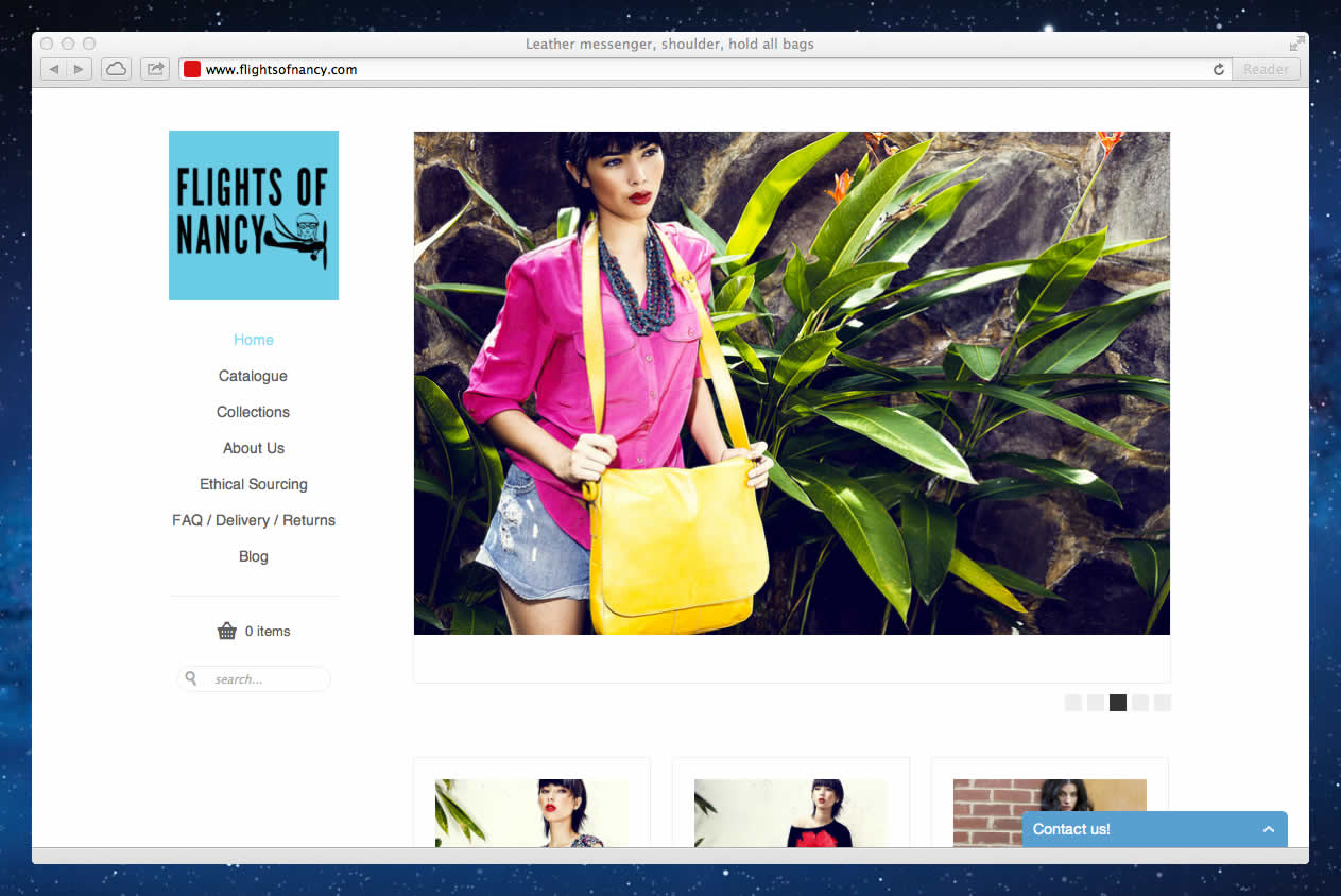 Screenshot of the Flights Of Nancy leather and batik bags online store