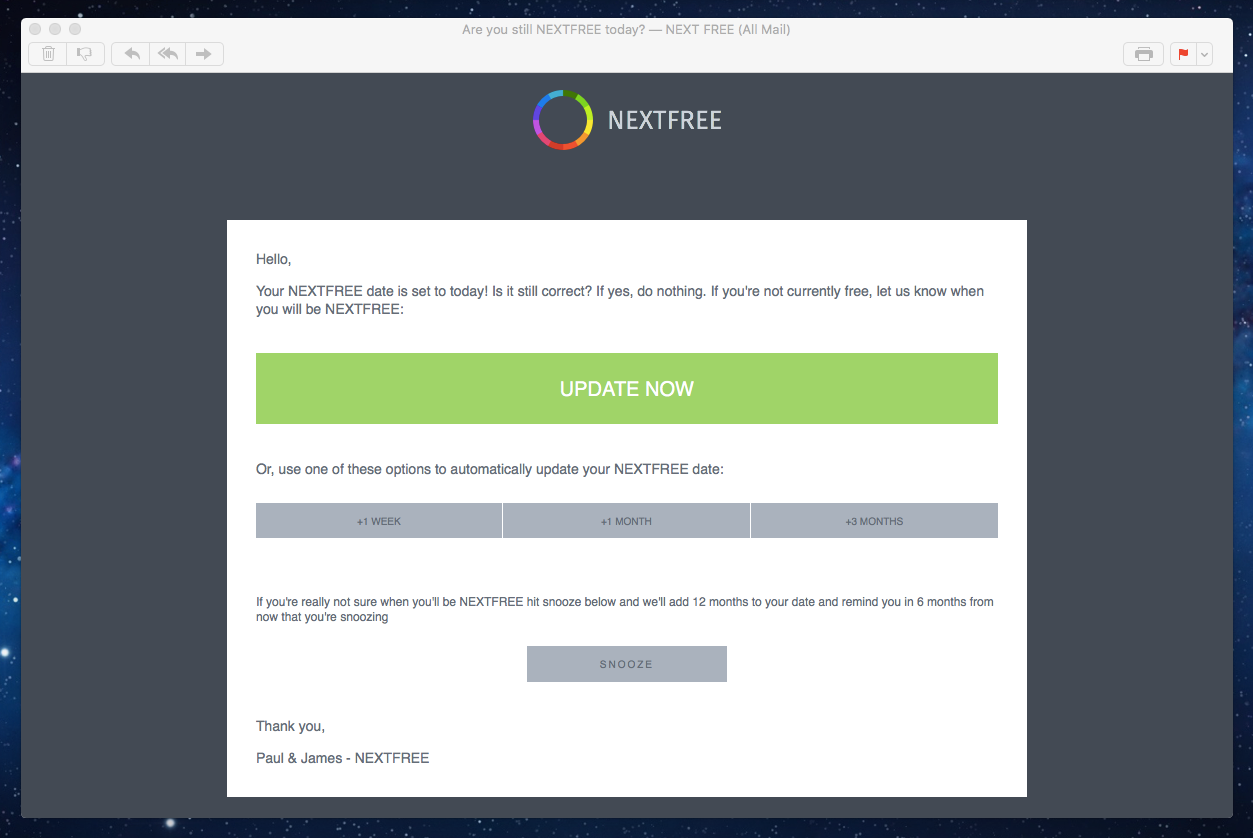 NEXTFREE reminder email screenshot
