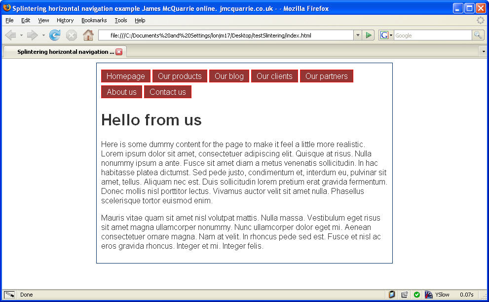 Example of horizontally aligned navigation menu with splintering and overlapping fixed