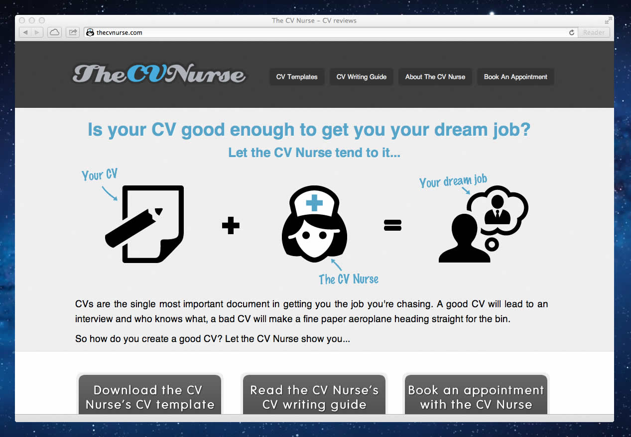 Screenshot of The CV Nurse homepage