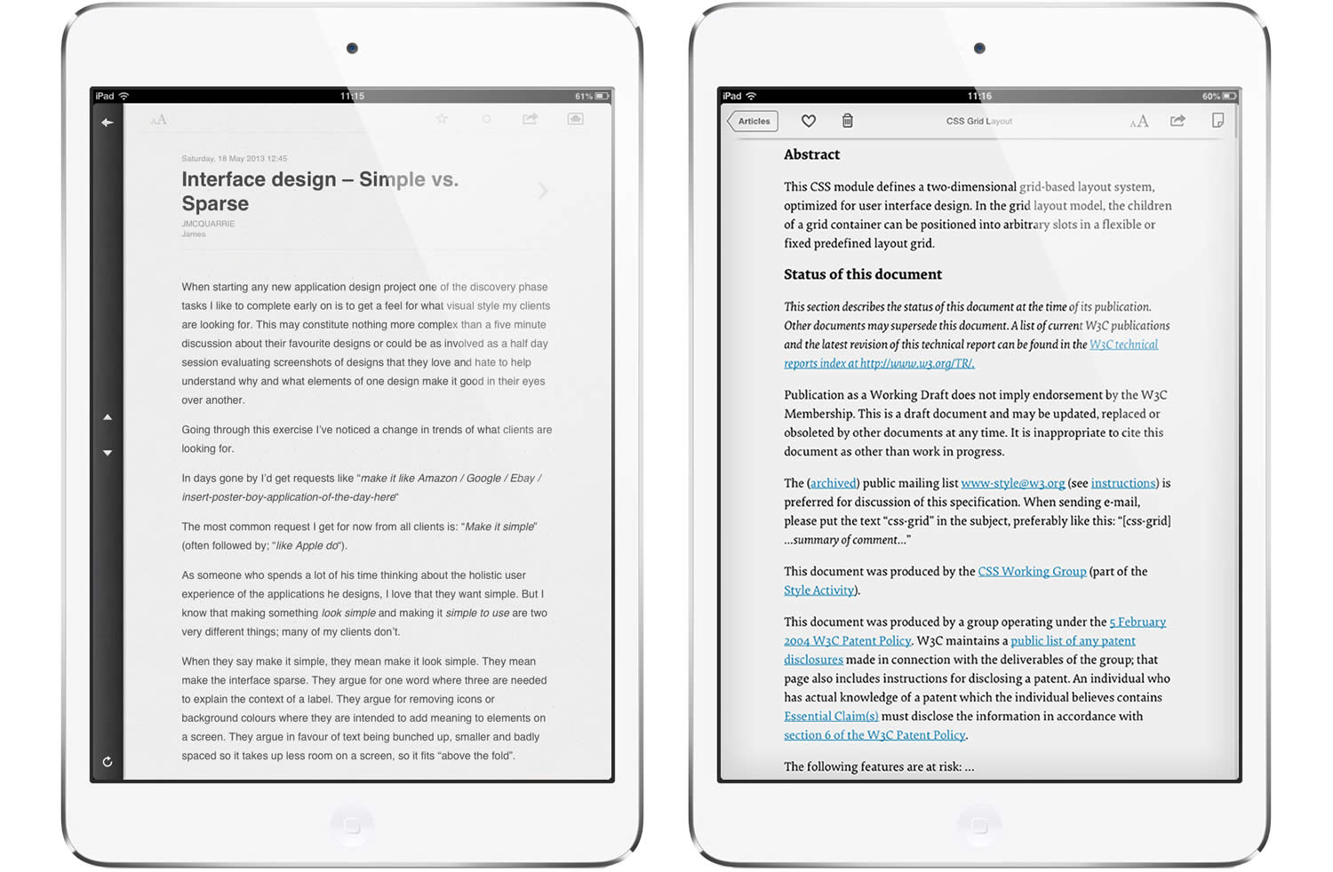 Reeder & Instapaper on iPad Mini screenshots